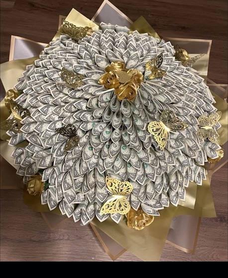 Custom gold and cash bouquet with butterfly accents