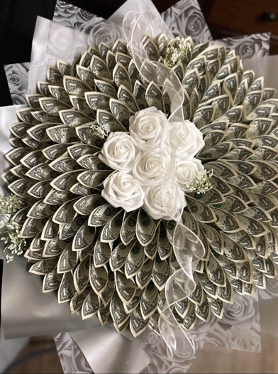 White rose cash bouquet with ribbon